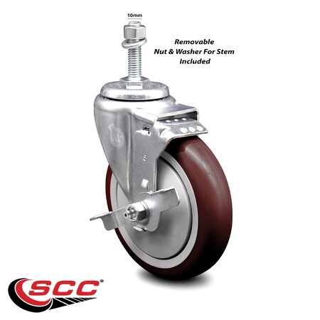 Service Caster 5 Inch Maroon Polyurethane Wheel Swivel 10mm Threaded Stem Caster with Brake SCC-TS20S514-PPUB-MRN-TLB-M1015